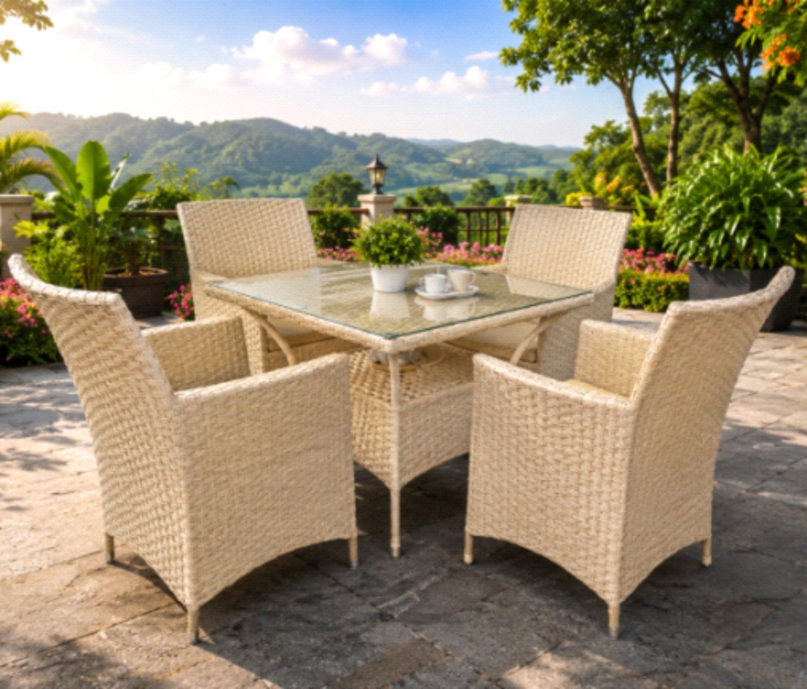 Outdoor Furniture — 4 Chairs and 1 Table Beige Dining Set