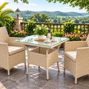 Outdoor Furniture — 2 Chairs and 1 Table Beige Dining Set