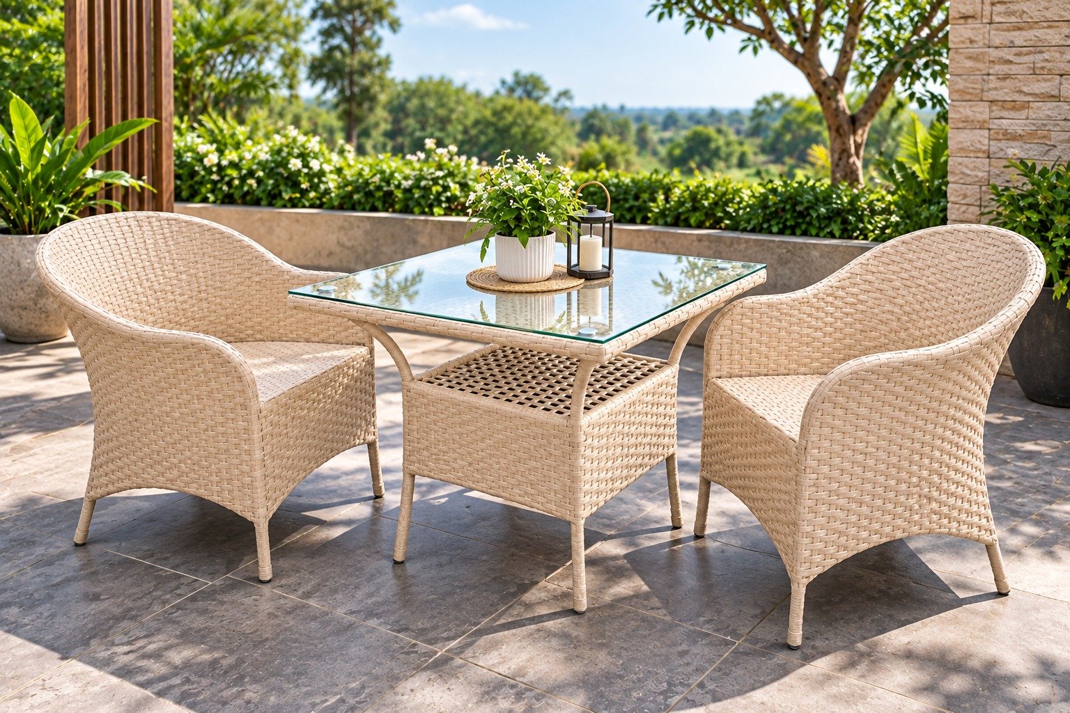 Outdoor Furniture — 2 Chairs and 1 Table Beige Set