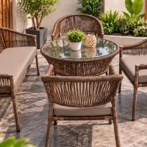 Korex Outdoor Rattan Sofa Set – 3 Seater Sofa, 3 Chairs & Round Glass Table
