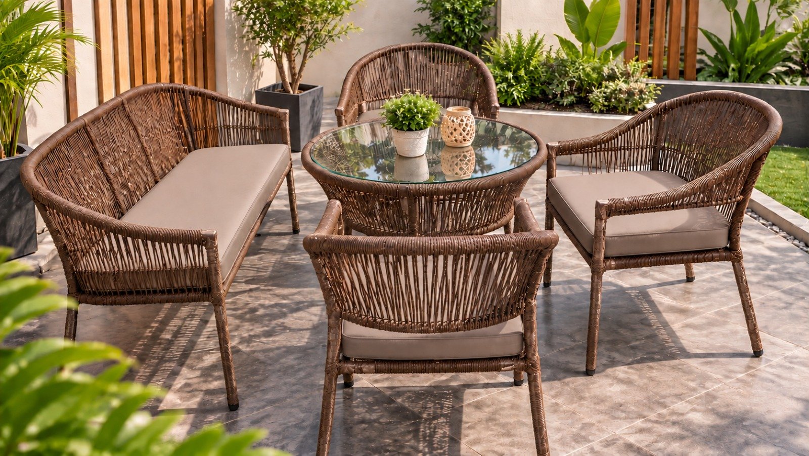 Korex Outdoor Rattan Sofa Set – 3 Seater Sofa, 3 Chairs & Round Glass Table