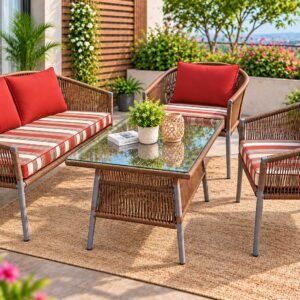 Korex 4 Piece Outdoor Rope Sofa Set – 2 Seater Sofa, 2 Chairs & Glass Coffee Table