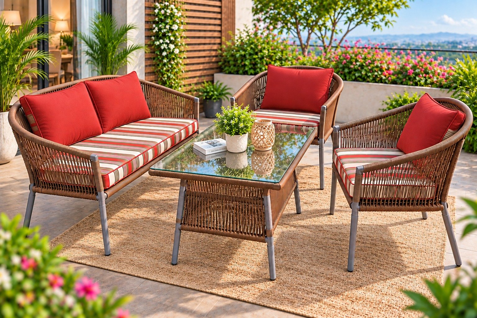 Korex 4 Piece Outdoor Rope Sofa Set – 2 Seater Sofa, 2 Chairs & Glass Coffee Table