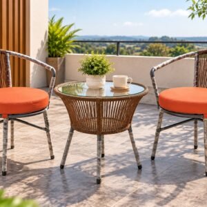 Korex 3 Piece Outdoor Balcony Set – Brown Rope Weave 2 Chairs with round Table
