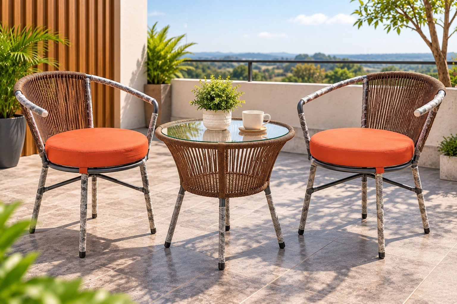 Korex 3 Piece Outdoor Balcony Set – Brown Rope Weave 2 Chairs with round Table