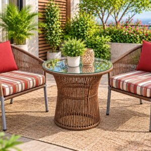 Korex 3 Piece Outdoor Bistro Set – Brown Rope Wicker 2 Chairs & Table