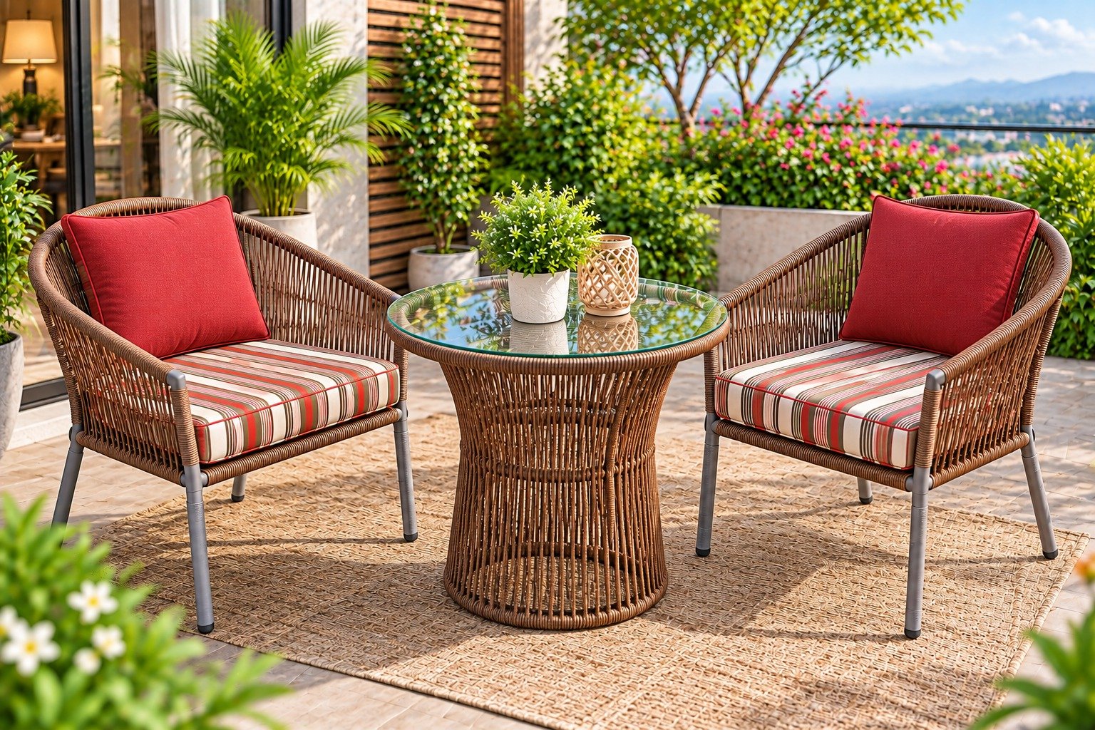 Korex 3 Piece Outdoor Bistro Set – Brown Rope Wicker 2 Chairs & Table